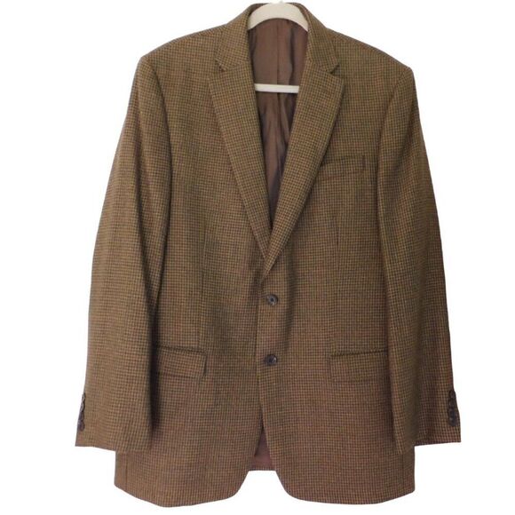 Lauren Ralph Lauren Men Wool Jacket Blazer Size 42L Brown Houndstooth Lined - Picture 1 of 8